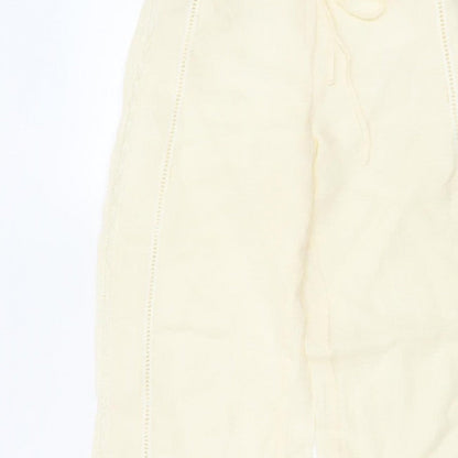 Zara Women Ivory S Linen Wide-Leg Drawstring Embroidered Trousers