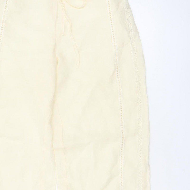 Zara Women Ivory S Linen Wide-Leg Drawstring Embroidered Trousers