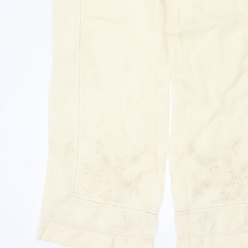 Zara Women Ivory S Linen Wide-Leg Drawstring Embroidered Trousers