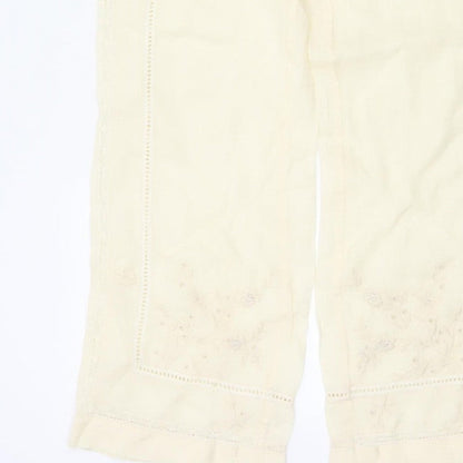 Zara Women Ivory S Linen Wide-Leg Drawstring Embroidered Trousers