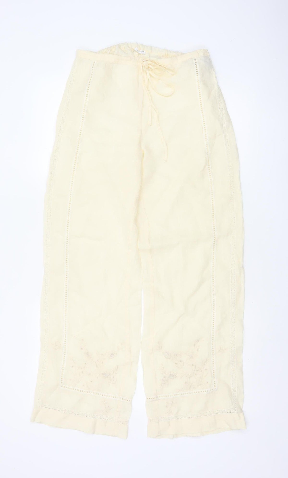 Zara Women Ivory S Linen Wide-Leg Drawstring Embroidered Trousers