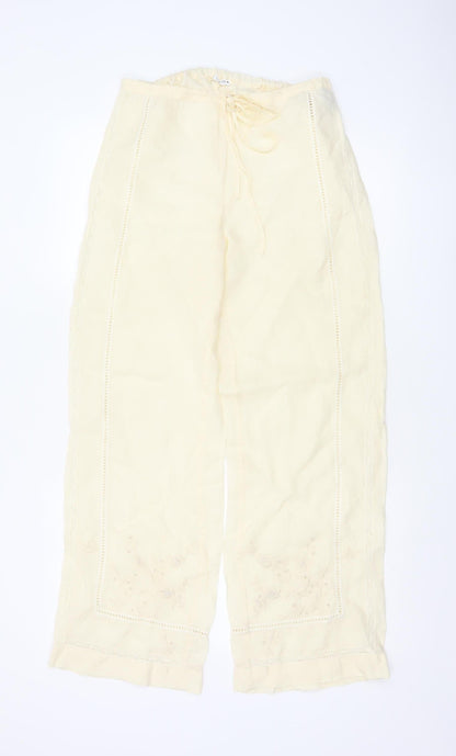 Zara Women Ivory S Linen Wide-Leg Drawstring Embroidered Trousers