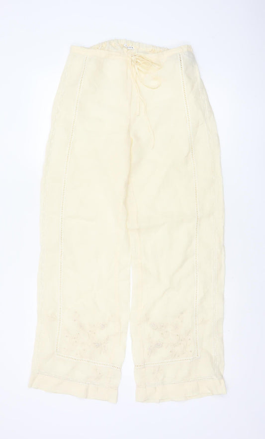 Zara Women Ivory S Linen Wide-Leg Drawstring Embroidered Trousers