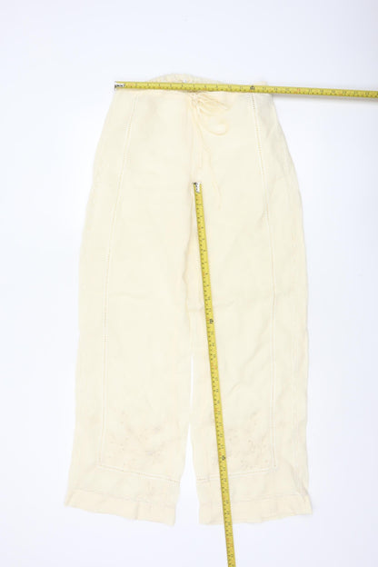 Zara Women Ivory S Linen Wide-Leg Drawstring Embroidered Trousers