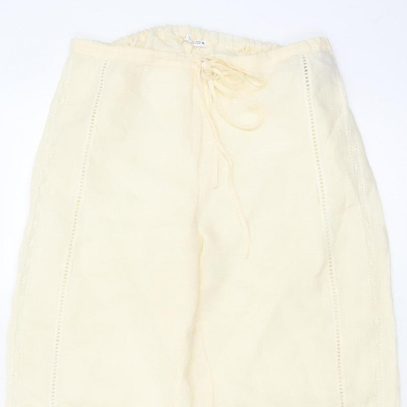 Zara Women Ivory S Linen Wide-Leg Drawstring Embroidered Trousers