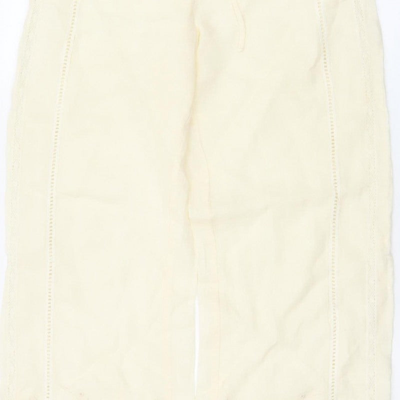 Zara Women Ivory S Linen Wide-Leg Drawstring Embroidered Trousers