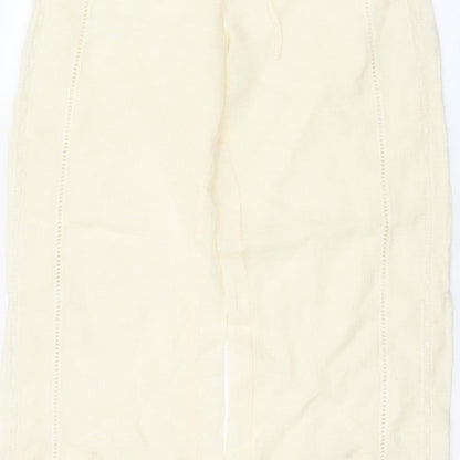 Zara Women Ivory S Linen Wide-Leg Drawstring Embroidered Trousers