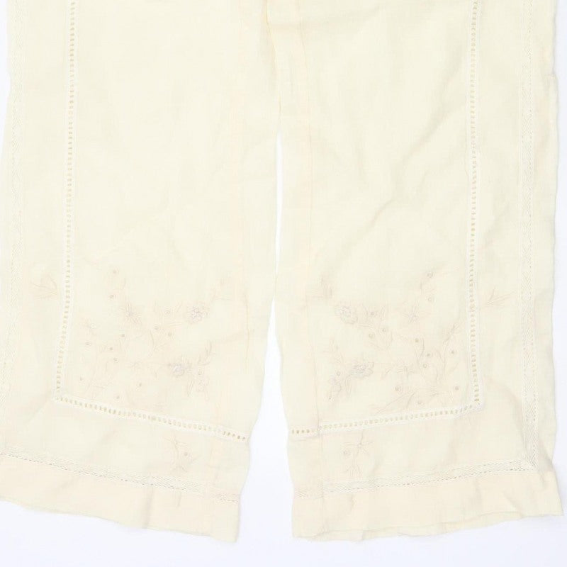 Zara Women Ivory S Linen Wide-Leg Drawstring Embroidered Trousers