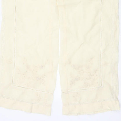 Zara Women Ivory S Linen Wide-Leg Drawstring Embroidered Trousers