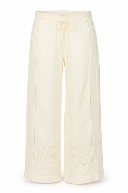 Zara Women Ivory S Linen Wide-Leg Drawstring Embroidered Trousers