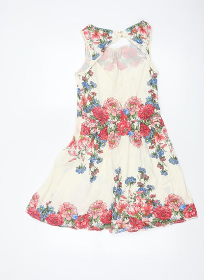 Oasis Women Ivory Floral Cotton Fit & Flare Knee Length Dress UK 8