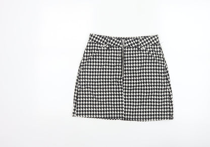 Topshop Women Black White UK 8 A-Line Mini Houndstooth Zip Skirt