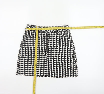 Topshop Women Black White UK 8 A-Line Mini Houndstooth Zip Skirt
