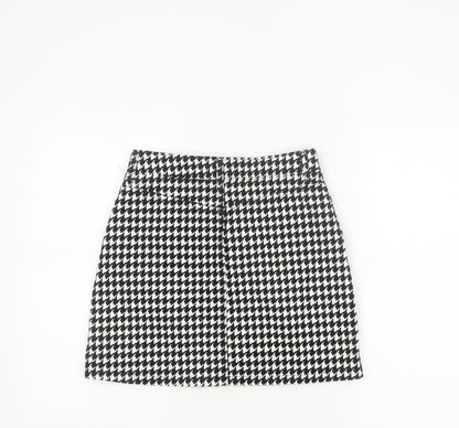 Topshop Women Black White UK 8 A-Line Mini Houndstooth Zip Skirt