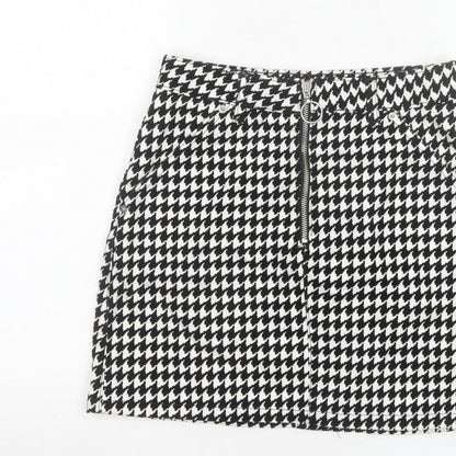 Topshop Women Black White UK 8 A-Line Mini Houndstooth Zip Skirt