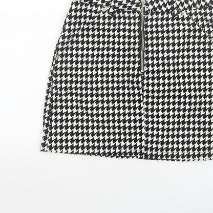 Topshop Women Black White UK 8 A-Line Mini Houndstooth Zip Skirt