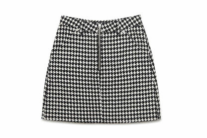 Topshop Women Black White UK 8 A-Line Mini Houndstooth Zip Skirt