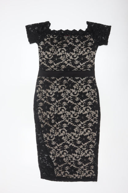 Boohoo Women Black UK 14 Floral Lace Bodycon Knee Party Dress