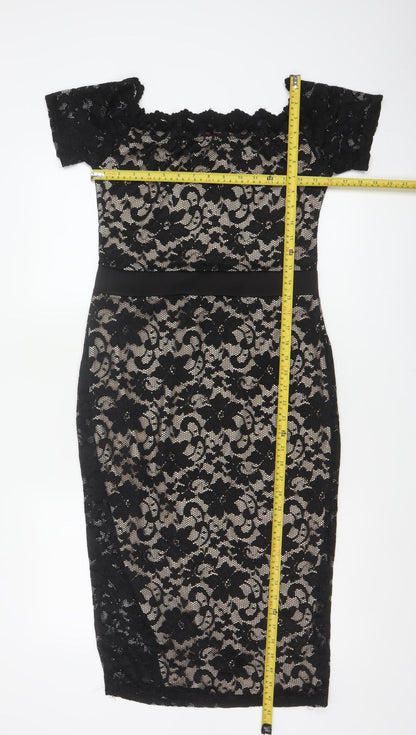 Boohoo Women Black UK 14 Floral Lace Bodycon Knee Party Dress