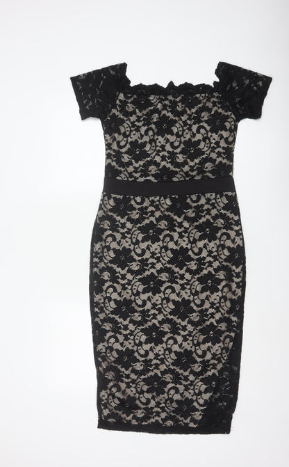 Boohoo Women Black UK 14 Floral Lace Bodycon Knee Party Dress