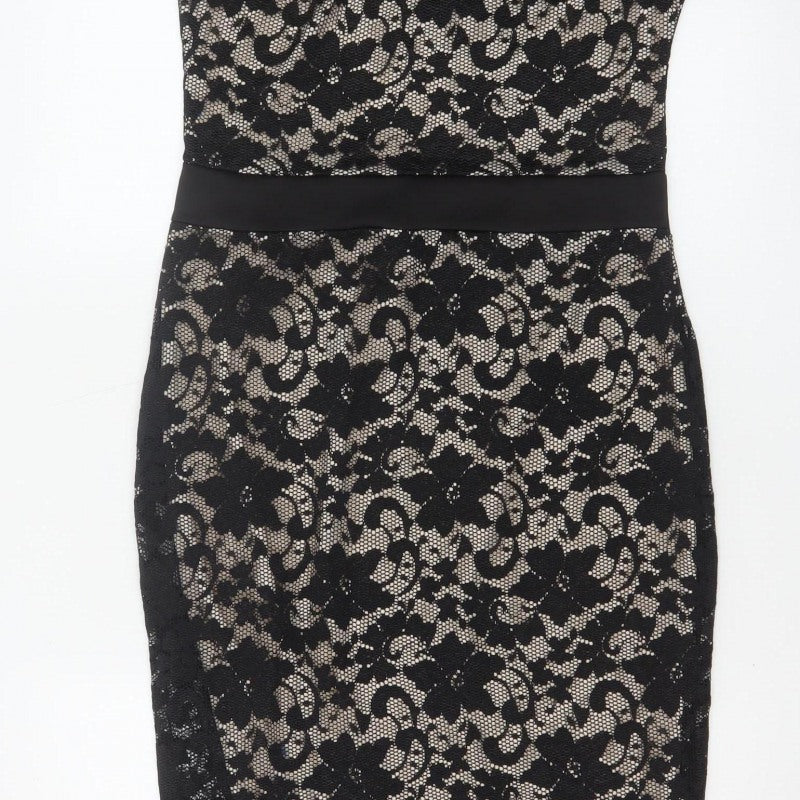 Boohoo Women Black UK 14 Floral Lace Bodycon Knee Party Dress