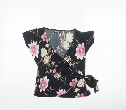 Pilot Women’s Black Floral Wrap Blouse UK 12 Cap Sleeve Tie