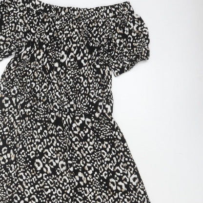 Next Women Black Animal Print UK 12 Off Shoulder Fit & Flare Midi Dress