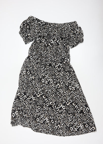 Next Women Black Animal Print UK 12 Off Shoulder Fit & Flare Midi Dress