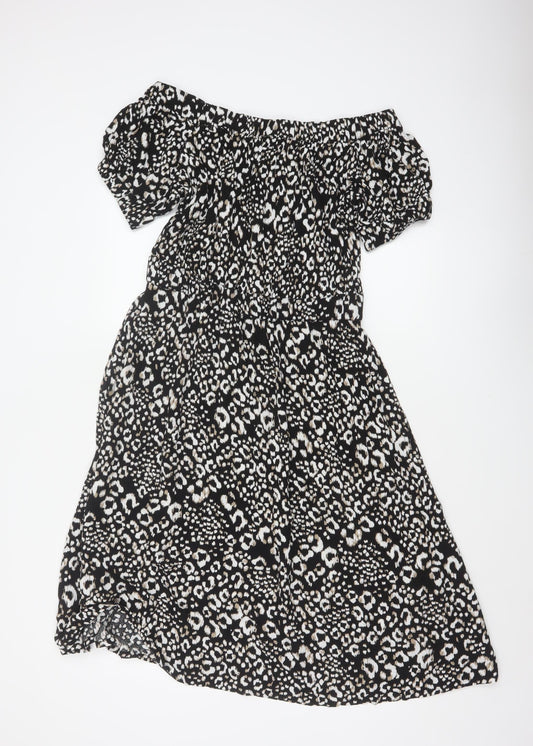 Next Women Black Animal Print UK 12 Off Shoulder Fit & Flare Midi Dress