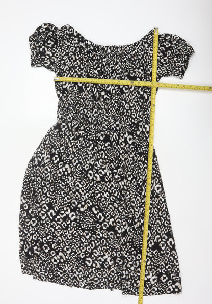 Next Women Black Animal Print UK 12 Off Shoulder Fit & Flare Midi Dress