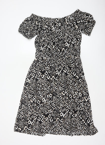 Next Women Black Animal Print UK 12 Off Shoulder Fit & Flare Midi Dress