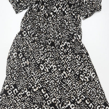 Next Women Black Animal Print UK 12 Off Shoulder Fit & Flare Midi Dress