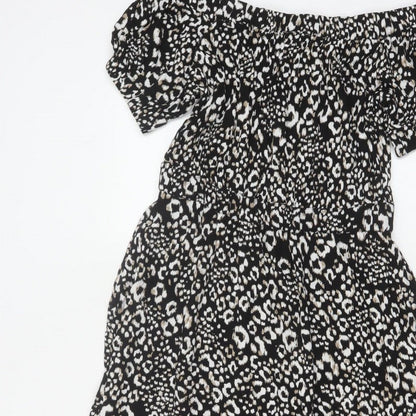 Next Women Black Animal Print UK 12 Off Shoulder Fit & Flare Midi Dress