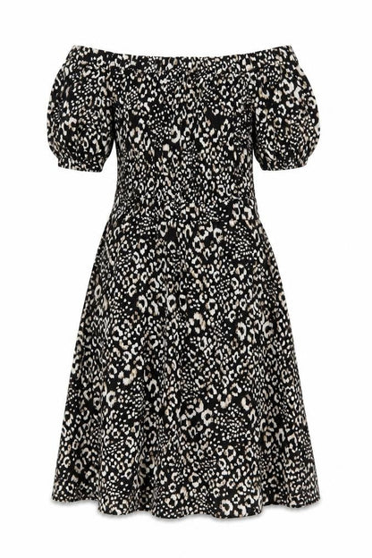 Next Women Black Animal Print UK 12 Off Shoulder Fit & Flare Midi Dress