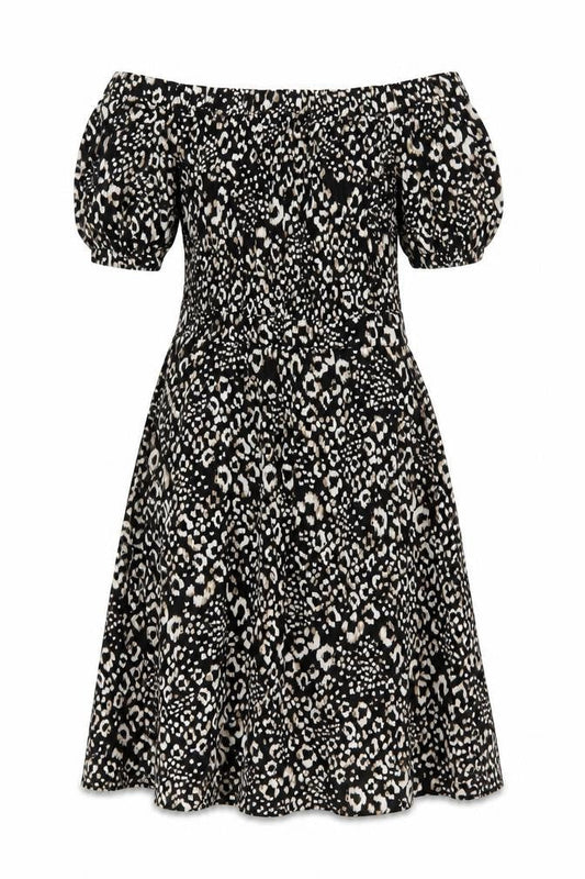 Next Women Black Animal Print UK 12 Off Shoulder Fit & Flare Midi Dress