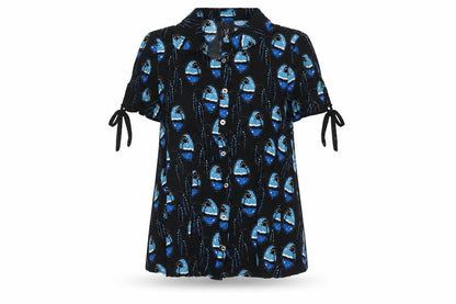 Hell Bunny Women Black Blue UK 12 Kimono Sleeve Button-Up Blouse