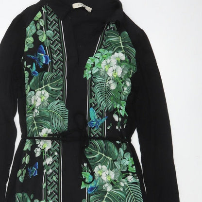 Oasis Women Black XS Midi Shirt Dress Tropical Floral Butterfly Belted