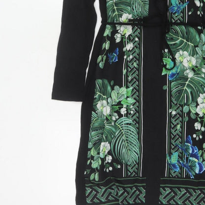 Oasis Women Black XS Midi Shirt Dress Tropical Floral Butterfly Belted