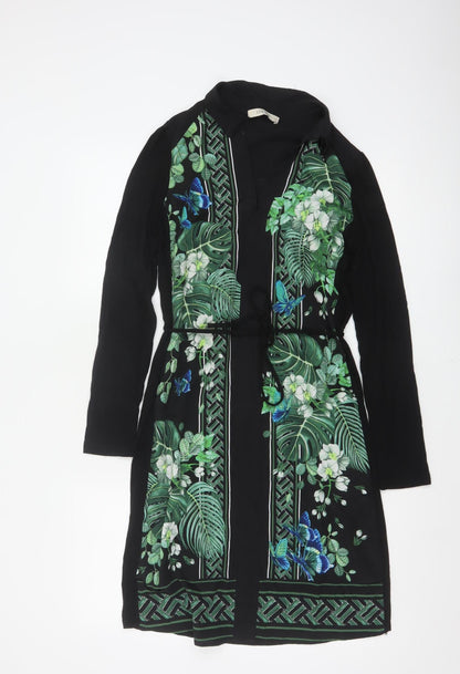 Oasis Women Black XS Midi Shirt Dress Tropical Floral Butterfly Belted