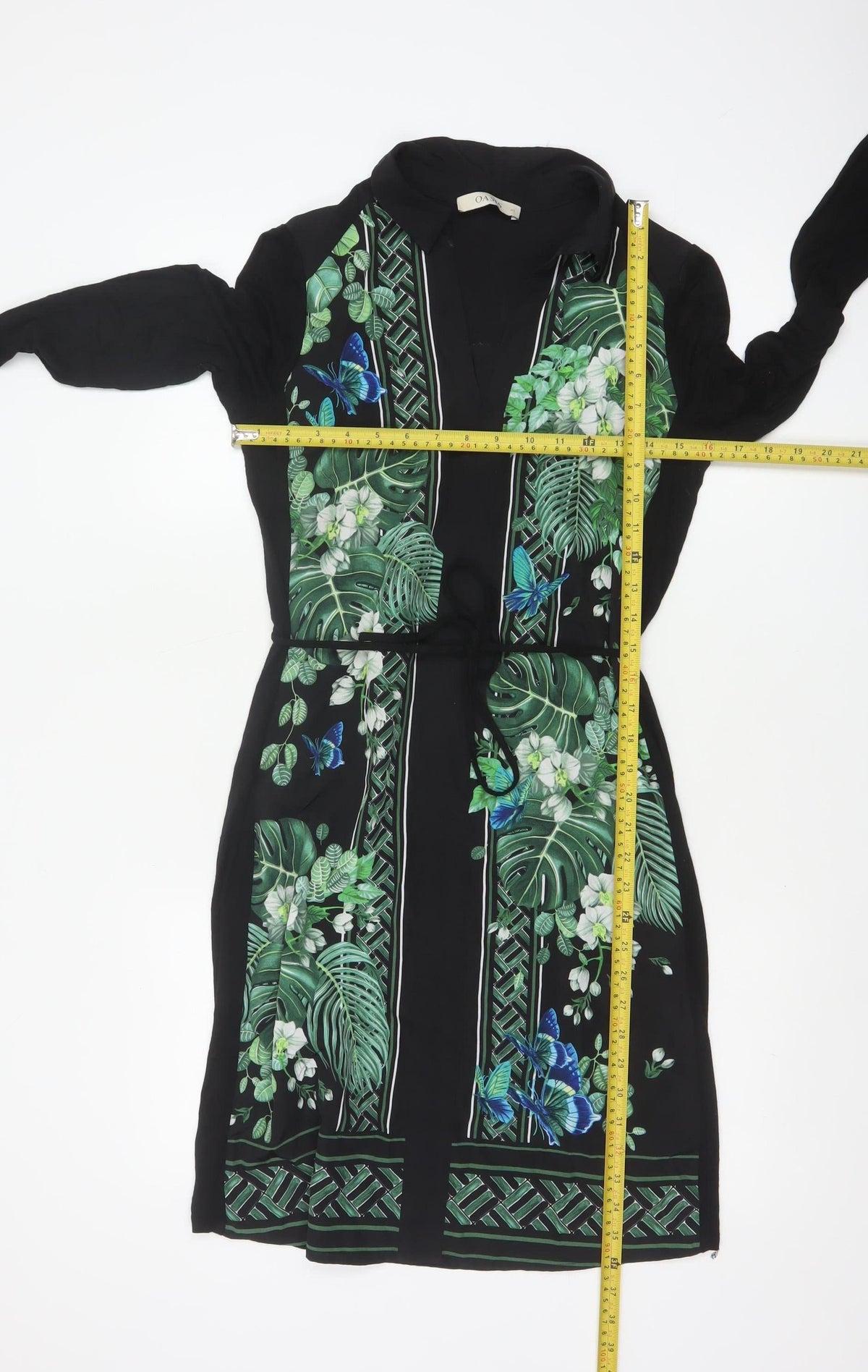 Oasis Women Black XS Midi Shirt Dress Tropical Floral Butterfly Belted