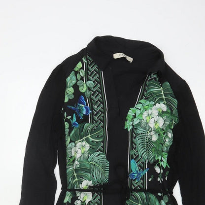 Oasis Women Black XS Midi Shirt Dress Tropical Floral Butterfly Belted