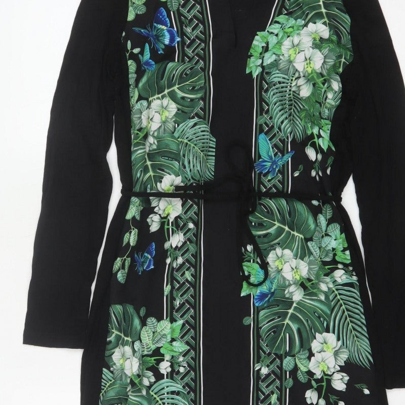 Oasis Women Black XS Midi Shirt Dress Tropical Floral Butterfly Belted