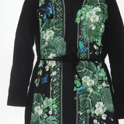 Oasis Women Black XS Midi Shirt Dress Tropical Floral Butterfly Belted