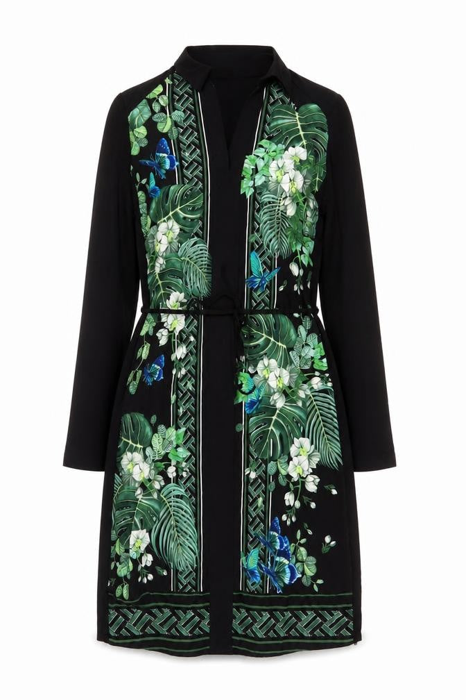 Oasis Women Black XS Midi Shirt Dress Tropical Floral Butterfly Belted