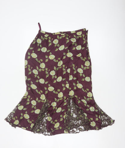 Whistles Women Purple Floral Silk Lace Trim Trumpet Midi Skirt UK 10