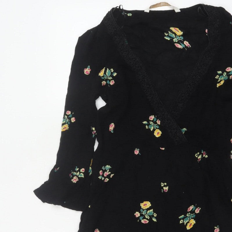 Zara Women Black Floral V-Neck Lace Trim Long Sleeve Playsuit Size S