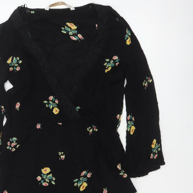 Zara Women Black Floral V-Neck Lace Trim Long Sleeve Playsuit Size S