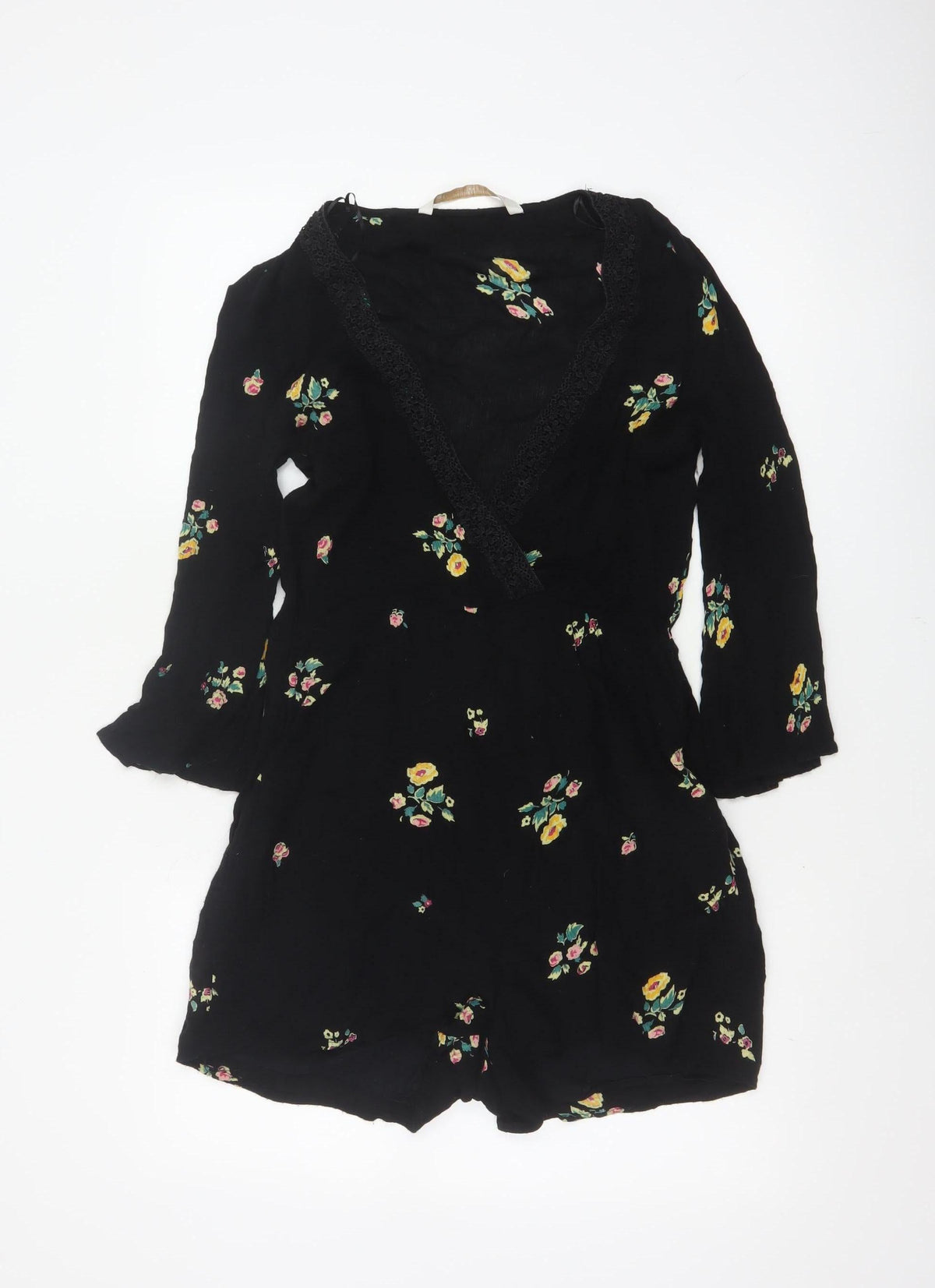 Zara Women Black Floral V-Neck Lace Trim Long Sleeve Playsuit Size S