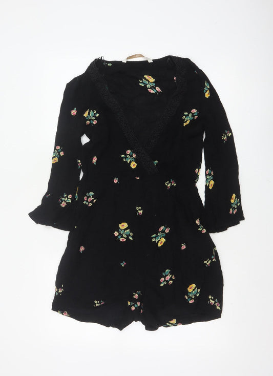 Zara Women Black Floral V-Neck Lace Trim Long Sleeve Playsuit Size S