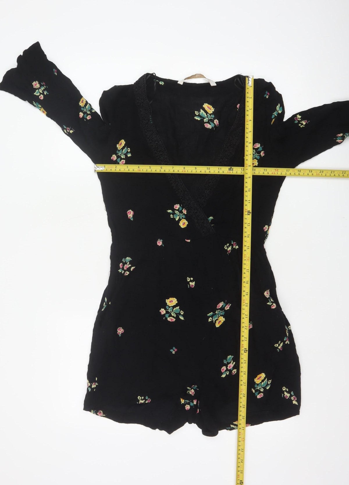 Zara Women Black Floral V-Neck Lace Trim Long Sleeve Playsuit Size S